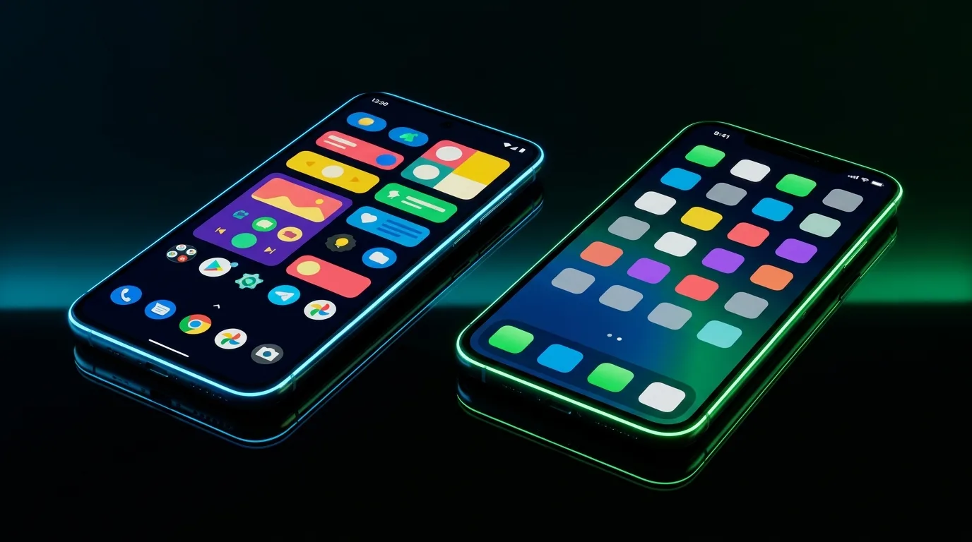 Du išmanieji telefonai su skirtingomis bendromis programėlių sąsajomis, vaizduojančiomis Android ir iOS variantus