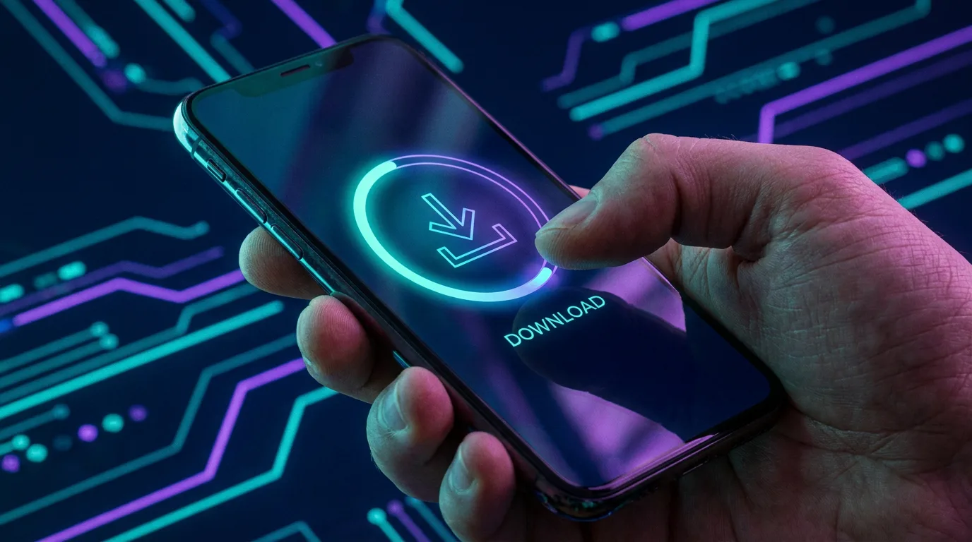 Ranka laikanti išmanųjį telefoną su bendru programėlės atsisiuntimo ekranu