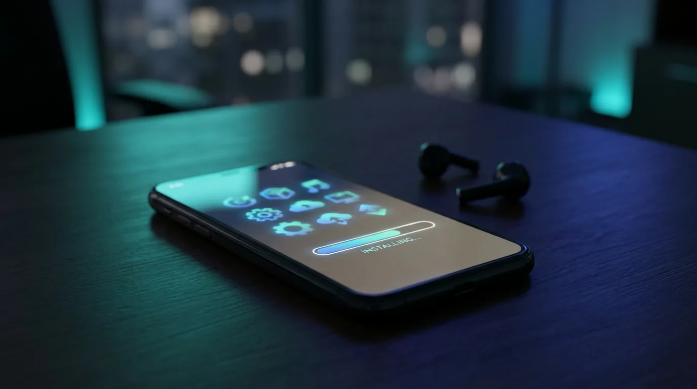 Išmaniojo telefono ekranas su bendru programėlės diegimo progreso indikatoriumi